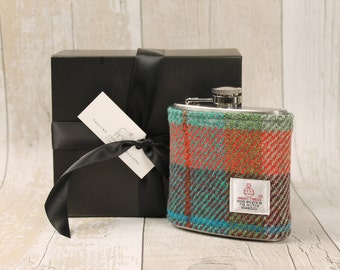 Hip Flask / Harris Tweed / Green and Orange Check / Groomsmen Gift / Flask / Plaid Hip Flask / Wedding / Best Man Gifts