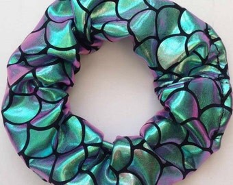 Mermaid two tone green purple holographic hair scrunchie - festival ibiza