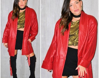 Red Leather Coat Long Midi Jacket Retro Genuine Leather Fall Winter Vintage 80's Size Large Modern Warm Oversize Drawstring Boho Hipster