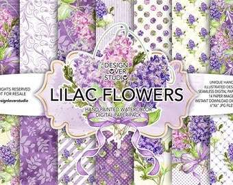 Watercolor LILAC FLOWER digital paper pack, bow, lavender, bouquets, leaves digital paper, Floral pattern, seamless pattern, lilac