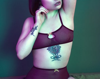 Bordeaux wine shimmer sheer mesh lingerie set bralette high waisted knicker