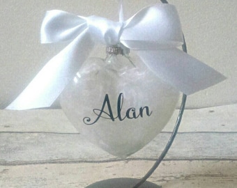 White feathers glass bauble, memorial gift, memory heart, glass bauble, condolence, baby memorial, personalised memorial, pet memorial