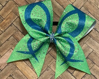 Rhinestone sublimated cheer bow,green ans teal bow, cheerleader gift, cheerleading, Ombre bow, bling cheer bow, cheap cheer bow
