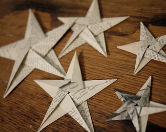 Hand-folded, up-cycled, origami star table decorations - Paper decorations made from vintage 1887 The Boys Own Paper