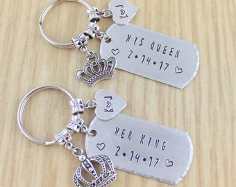 Personalized King and Queen Crown Keychain Set of 2 | His Queen Her King Keyrings Couples Keychains | Anniversary Date and Name Initials