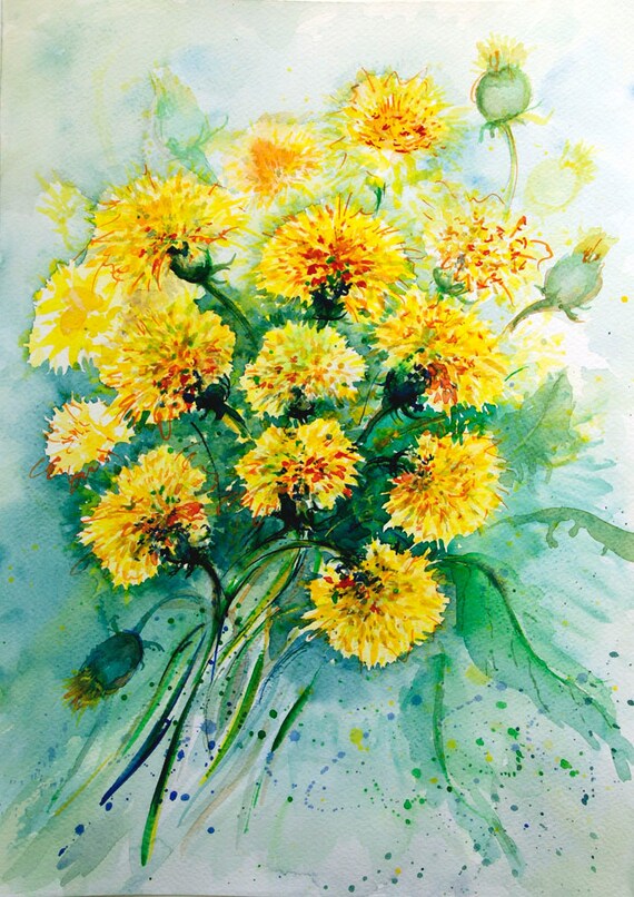 Yellow Dandelions original watercolor painting Yellow flower