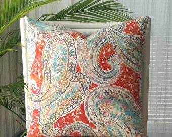 Kelly Ripa Bright and Lively Modern Paisley Linen Pillow Cover - coral, teal, aqua, gray, gold, pink, cream