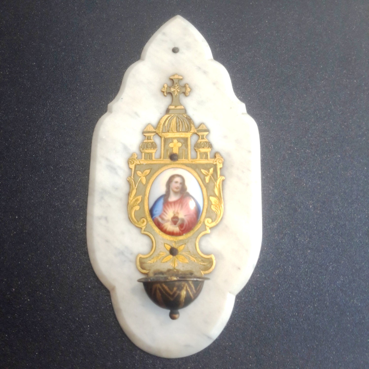 antique french religious holy water font made of marble and