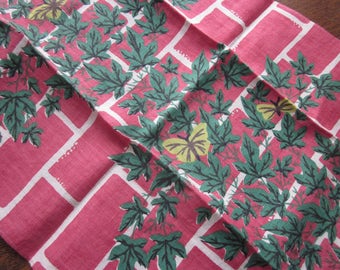 Vintage Pure Linen Towel~Red/Pink Brick with Green Ivy & Yellow Butterflies~Designer Signed Ivan Bartlett~EUC~Romantic Cottage Chic