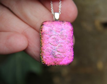 Pink textured dichroic glass pendant, dichroic glass necklace, fused glass, fused glass pendant, dichroic necklace , pink dichroic,
