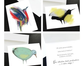 25 cartes personnalisées, faire-part, invitation, remerciements, naissance, deuil. Votre texte, graphisme inclus.