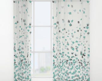 Window Curtains - Floating Confetti Dots - Mint Aqua Silver White - 50" x 84" - Rod Pocket - Bedroom Decor Accessories Kids Nursery Playroom