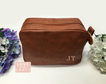 Groomsmen Gift Wedding Brown Shaving Bag Personalized Leather Dopp Kit Groom Travel Toiletry Husband Father Brother Boyfriend