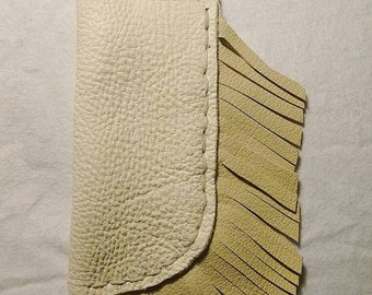 Handcrafted White Elk Hide Fringed Knife Sheath, Fits Most Folding Knives