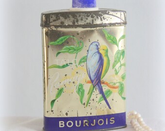 Rare Vintage French Bourjois Talcum Powder Tin 'Ramage', Parakeet Decor
