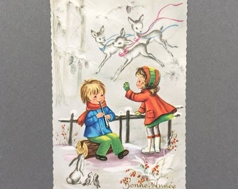 Vintage Postcard. Bonne Année Postcard. Children Illustration. French Vintage. French Ephemera. French Postcard. Unused. Scrapbooking. 60s