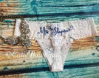 Personalized Bridal Thong/ White Lace monogram thong/ something blue/ wedding/ bridal gift/ bridal panty/ lingerie