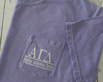 Sorority Shirts, Alpha Gamma Delta, Sorority T Shirt, Big Little Shirt, Greek Letter, Pocket T Shirt, Monogrammed Pocket, Personalized Shirt
