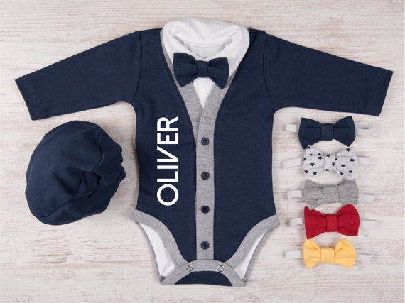 Take Home Outfit Boy PERSONALIZED BABY BOY Outfit Navy Cardigan Bodysuit Hat  Bow Tie Set Newborn Boy Coming Home Outfit Photo Prop