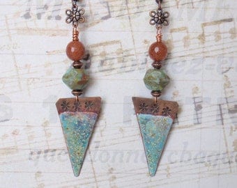 Bohemian Earrings, Boho Chic, Ethnic, Turquoise Earrings, Dangle Earrings, Triangle Earrings, Enamel Copper Earrings, Womens Gift, Handmade