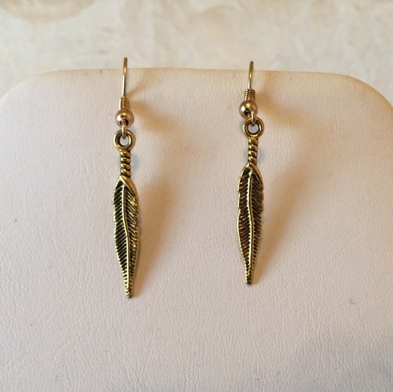 Feather Gold Tone Pierced Earrings by cbfcreationsHB on Etsy