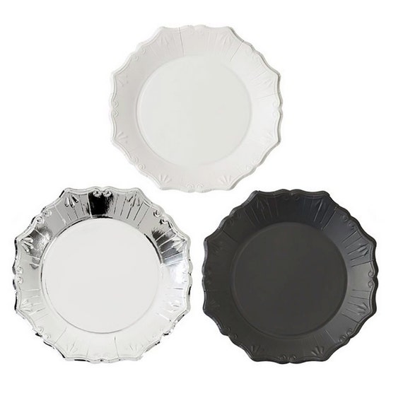 Paper Plates Silver Black and White Party Plates Black and