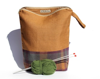 Checked Rustic Linen: Large Knitting Project Bag. Handmade Yarn Organizing Case. Zippered Crochet Pouch. Sock Sack Tote/ Organizer/ Storage