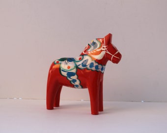 Large 6.5 inch tall-Vintage Swedish Hand Painted-Wooden Red Dala Horse with Blue and Green Accents-Grannas A. Olson