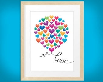 Balloon of love hearts, valentines day love quote printable art 8x10 colourful digital print for instant download