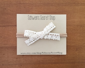 Lace hand tied bow, baby girl headband, baby hair bow, baby headband, nylon headband, baby girl bow, school girl bow, infant headband