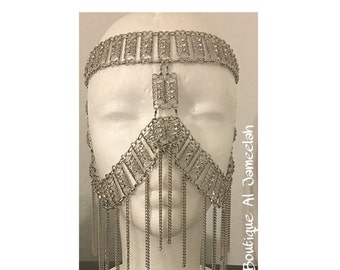 Silver facechain , Silver Face Chain, Silver Headpiece, gold necklace, gold statement jewelry, crystal Necklace,gold chain