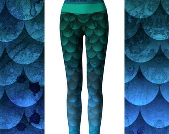Watercolor Waves Ocean Mermaid Yoga Leggings, High Waisted Leggings, Leggings Printed, Mermaid Leggings Women