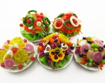 Dollhouse Miniature Food Mixed Assorted 5 Salad On Ceramic Plate Supply Charms 13812