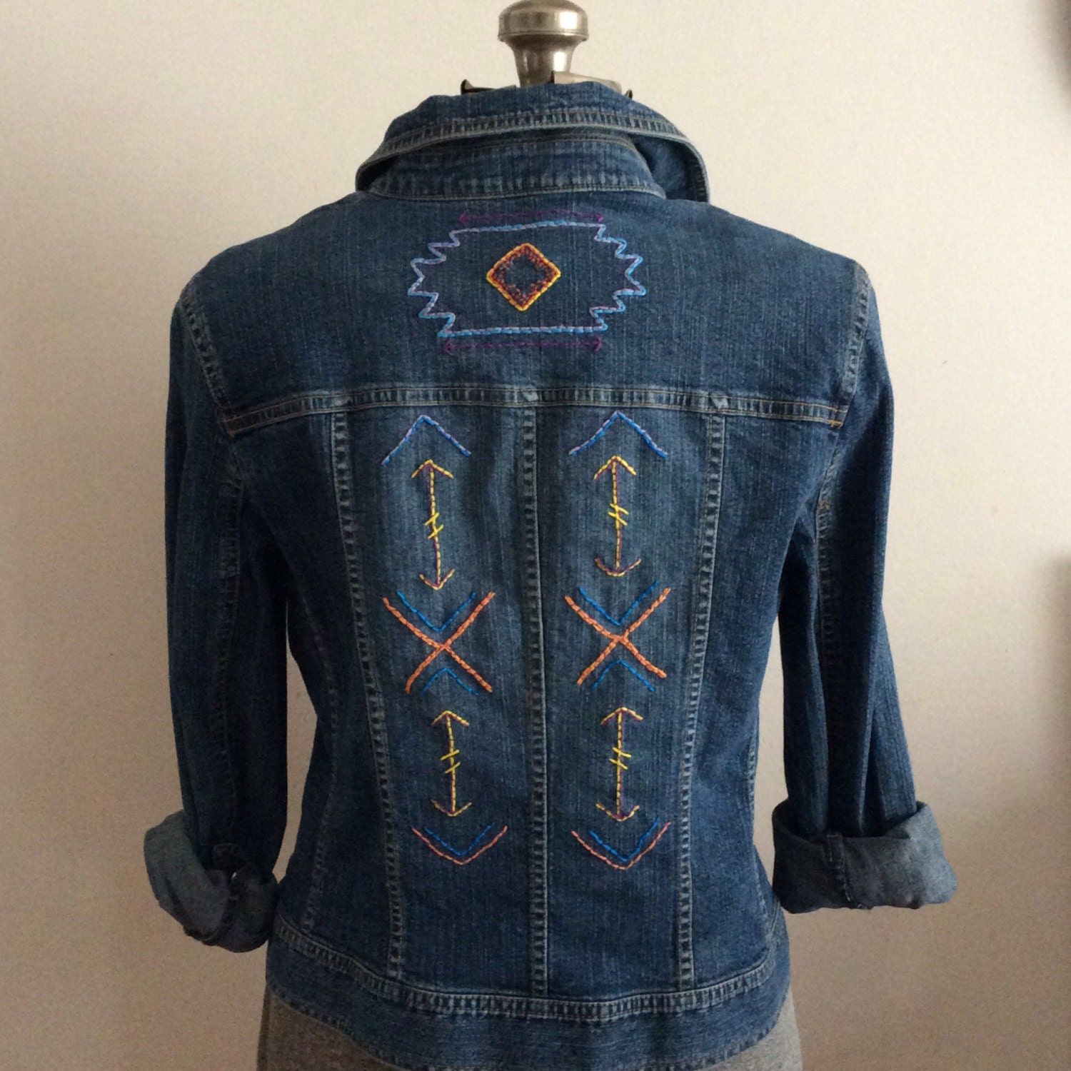 Hand embroidered denim jacket with boho by savingmyvintageheart