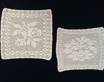 Crochet Doilies. A Pair of Vintage Roses Filet Crochet Lace Doilies. 2 Ecru (natural cotton) Colour Filet Crochet Doilies. RBT1715