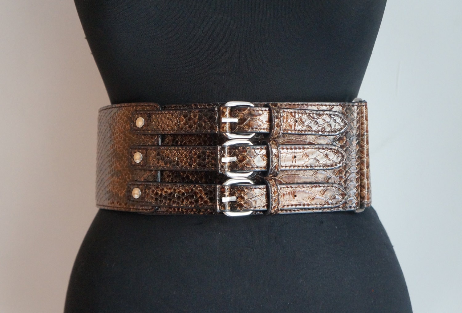 Extra wide triple buckle waist belt patent vegan faux leather