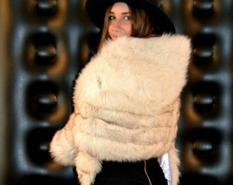 Fox fur stole: Silver fox fur scarf stole, wrap or shawl. New upcycled stole and hand made lining in purple color.