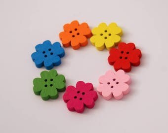10 Assorted Flower/Clover Wood Buttons, 20 x 19mm (6/8" x 6/8")- Randomly Mixed Lot (7 Colors) of Clover/Flower Buttons (FA1901), Set of 10
