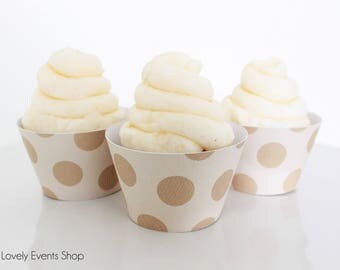 Burlap Polka Dot Cupcake Wrappers, Burlap Cupcake Wrappers, Rustic Cupcake Wrappers, Shabby Chic Cupcake Wrappers- Set Of 6,12,16,24+
