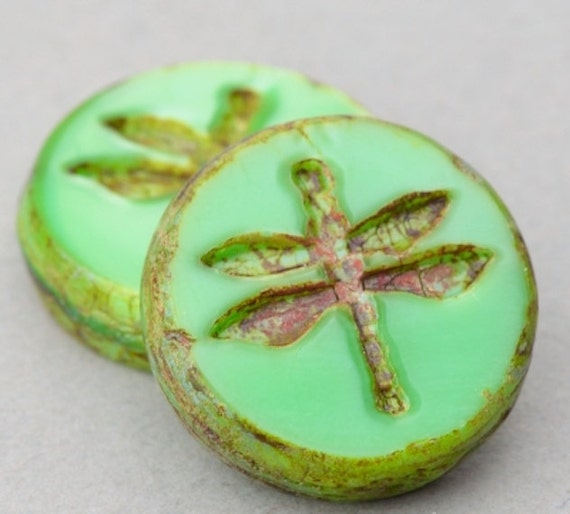 Czech Glass Beads - Dragonfly Coin Beads - Table Cut Beads - Nature Beads - Turquoise Green Opaque with Picasso - 17mm Bead - 2 or 10 Beads