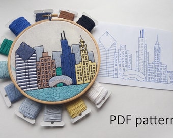 Chicago Hand Embroidery pattern PDF.Embroidery Hoop art, Hand Embroidery, Wall Decor, Housewarming Gift. Free Hand embroidery guide!