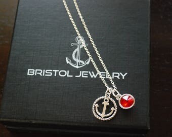 Nautical Anchor Necklace with optional Birthstone