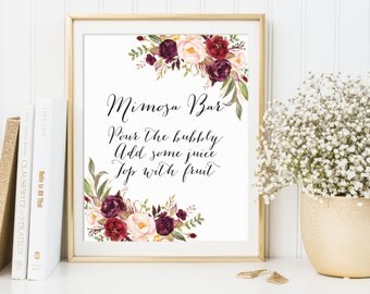 Mimosa Bar Sign, Mimosa Sign, Wedding Sign, Bridal Shower Sign, Bubbly Bar Sign, Wedding Bar Sign, Marsala Wedding Decor, Mimosa Bar Print