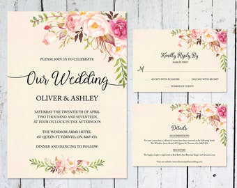 Items similar to Printable Grey and White Flowers Wedding Invitation ...