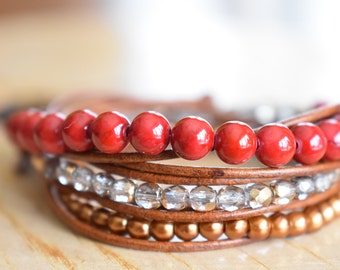 Leather wrap bracelet for women, Beaded wrap bracelet, Red gemstone bracelet, Boho wrap bracelet, Girls bohemian jewelry, Women gift idea