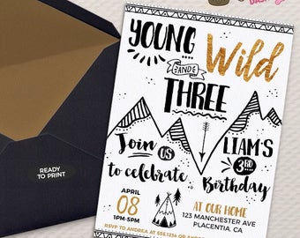 Young Wild and Three Birthday invitation Tribal gold and Black teepee Birthday Printable Boho birthday young wild and Three invitations