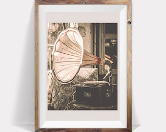 Gramophone Print, Music Print, Musical Instrument Art, Retro Print, Gramophone Poster, Vintage Wall Art, Sepia Print, Pink Decor, Retro Art