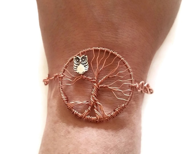 Copper Tree of Life Bracelet, Tree of Life with Owl, Metaphysical Jewelry, Unique Birthday Gift