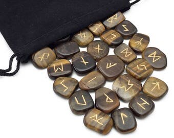 Tigers Eye Elder Futhark Rune Set Hand Carved Gemstone Runic