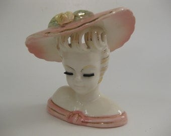 Glamour Girl Lady Head Vase with Pink Dress, Pink Hat with Yellow Flower, Gold Trim, Eyelashes